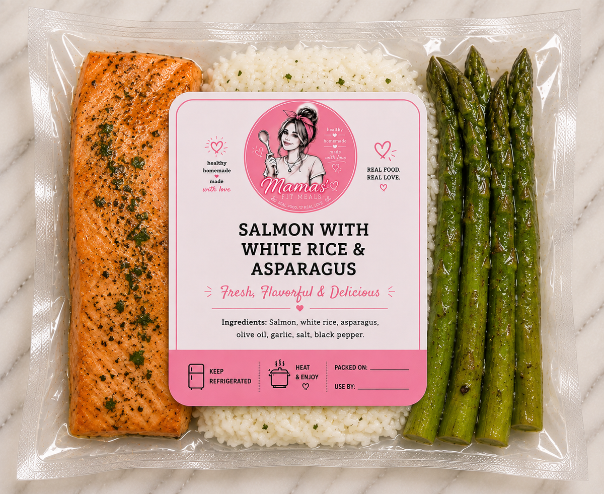 Salmon with white rice and asparagus